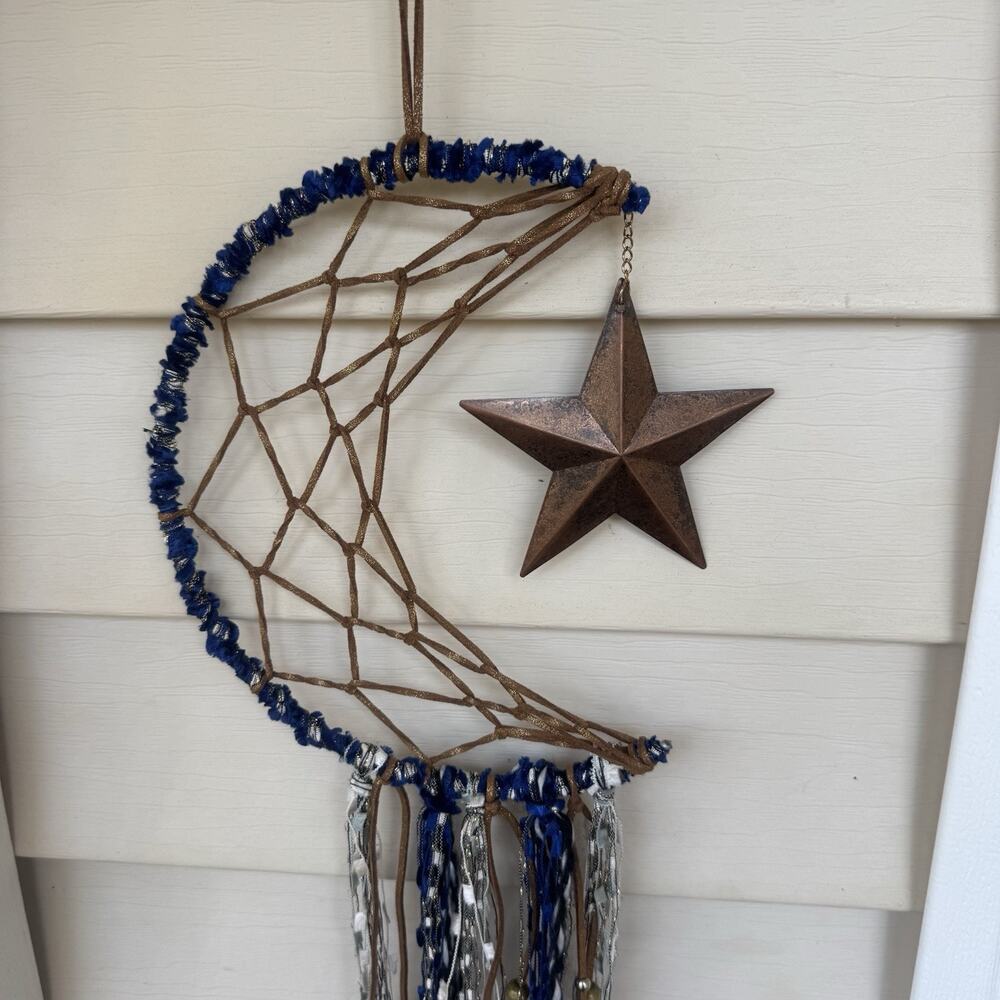 Moon & Star Dream Catcher - Blue & Bronze Wall Hanging, Celestial Room Decor 26" - Picture 1 of 6